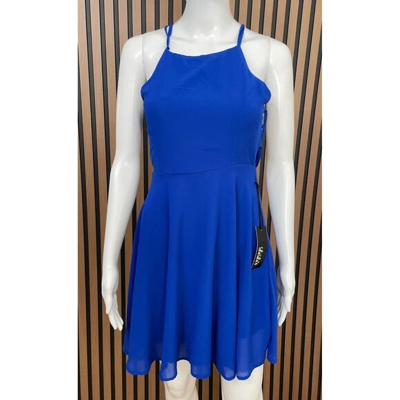 Lulus Good Deeds Women's Dress Fit & Flare Skater Mini Lace-Up Apron Neck S Blue - Picture 1 of 10
